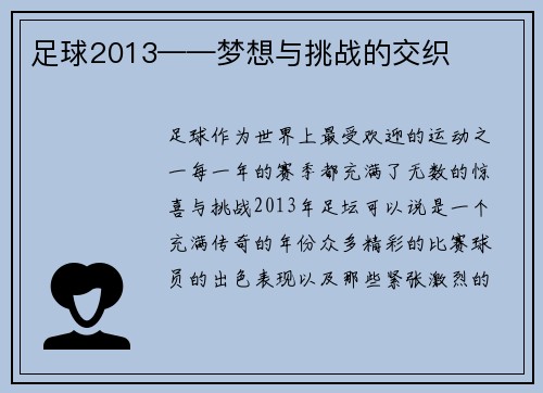 足球2013——梦想与挑战的交织