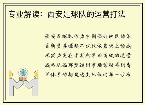 专业解读：西安足球队的运营打法