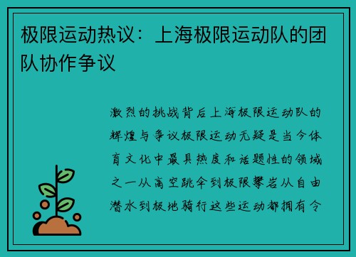 极限运动热议：上海极限运动队的团队协作争议